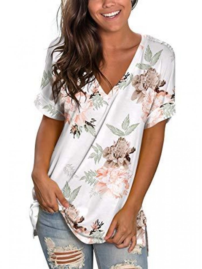 Women's Floral Tops Short Sleeve V Neck Tee T Shirt Printed Side Split Tunic 