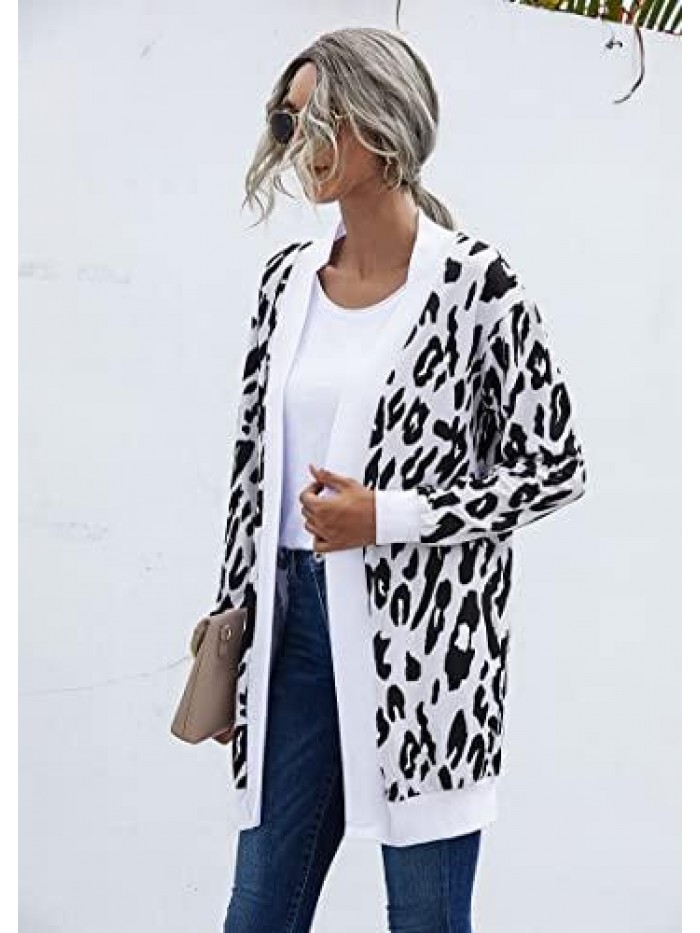 Women's Long Sleeve Open Front Print Casual Lightweight Soft Knit Cardigan Sweater Outerwear 