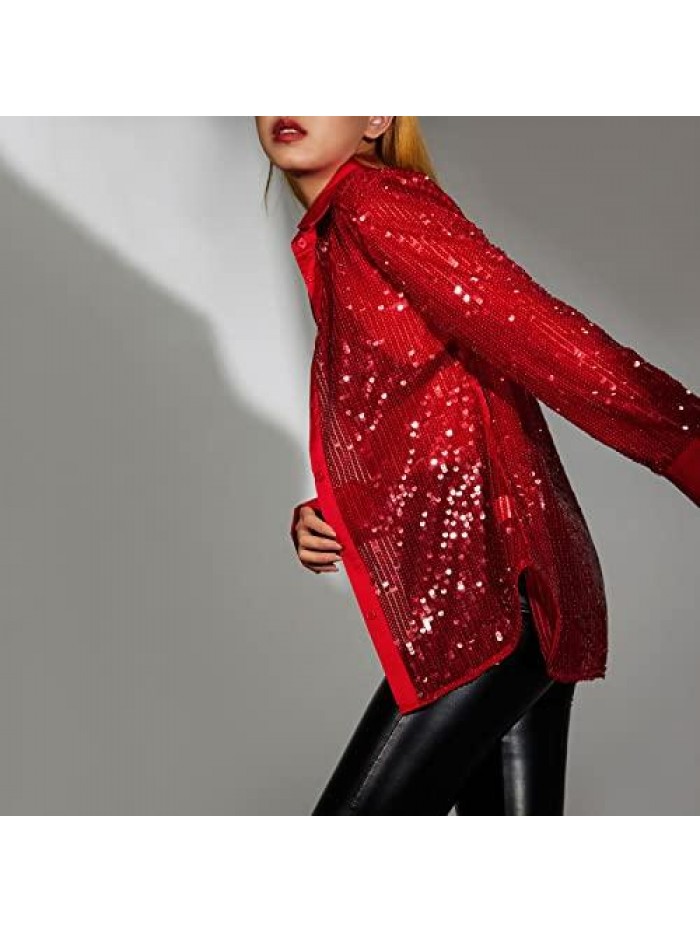 Sequin Sparkly Top Shirt Long Sleeve Button Up Fashion Glitter Blouse Jacket Blazer Party Club 