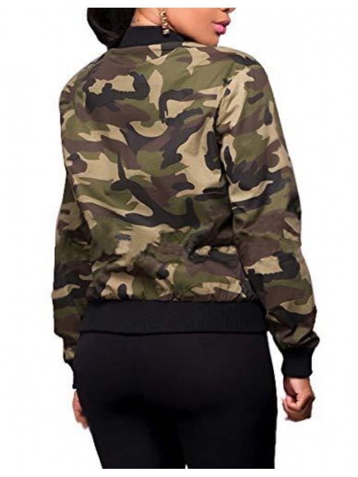Women Camouflage Paint Lightweight Jackets Long Sleeve Zipper Canvas Camo with Pockets 