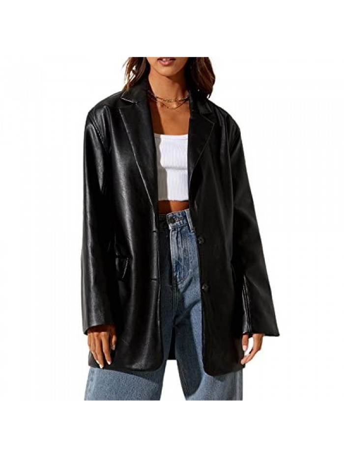 Faux Leather Jacket Long Sleeve Plus Size Top Blazers Button Coat 