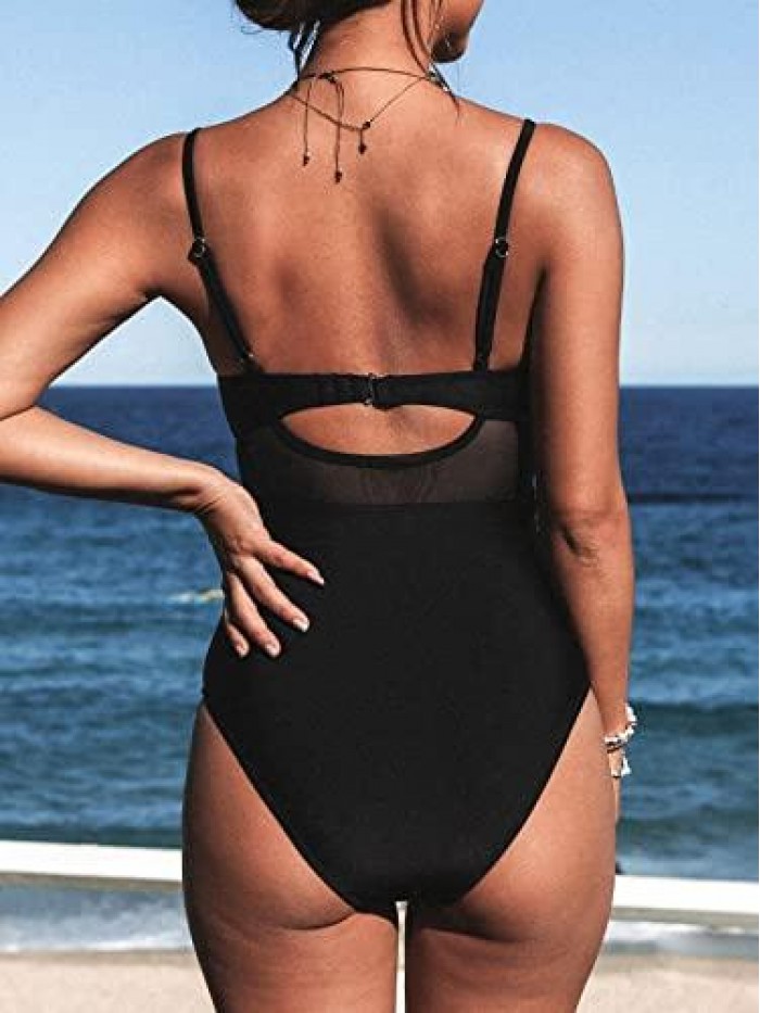 Women V Neck One Piece Swimsuit Wrapped Mesh Tummy Control Bathing Suit with Adjustable Spaghetti Straps 