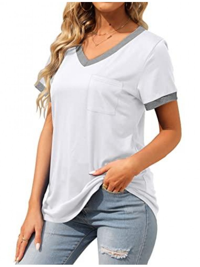 Womens T Shirts Short Sleeve V Neck Loose Casual Summer Tops with Pocket 
