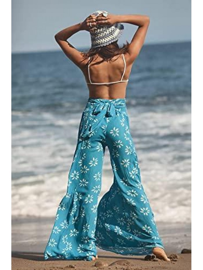 Women Boho Pants Smocked Waist Hippie Palazzo Summer Beach Bikini Bottom Cover up High Waist Wide Leg Pants 