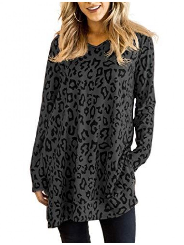 Womens Tunic Tops Leopard Print Shirt Long Sleeve V Neck Blouse 