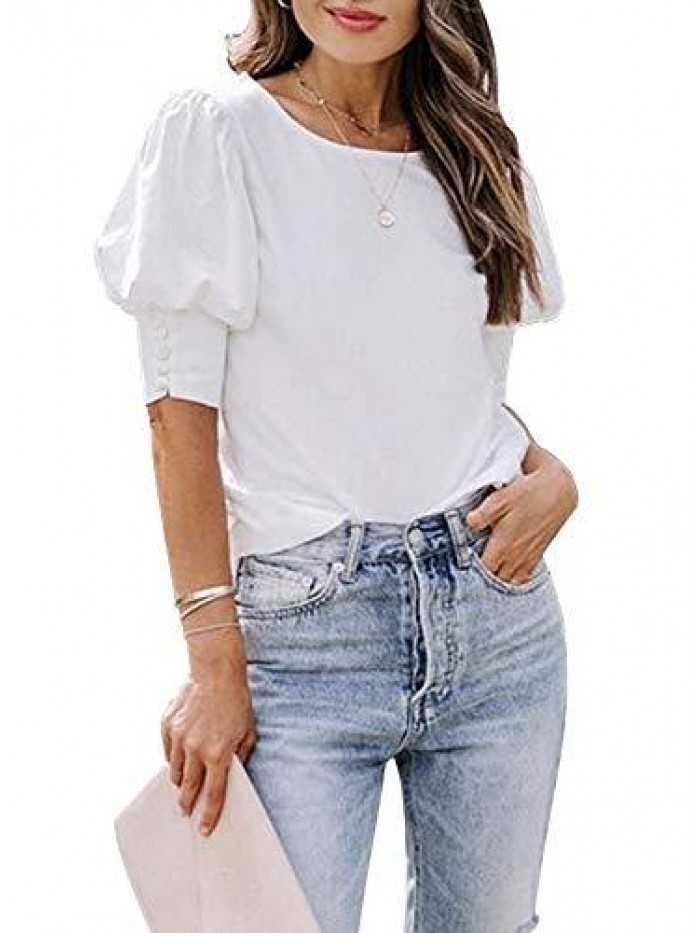 Women's Casual Tops Puff Sleeve Loose Blouses T Shirts 