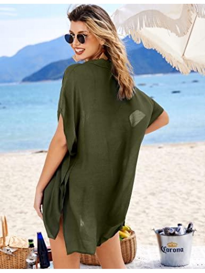 Swimsuit Cover Up for Women Button Down Beach Cover Up Shirt Short Sleeve Bikini Beachwear Coverups 