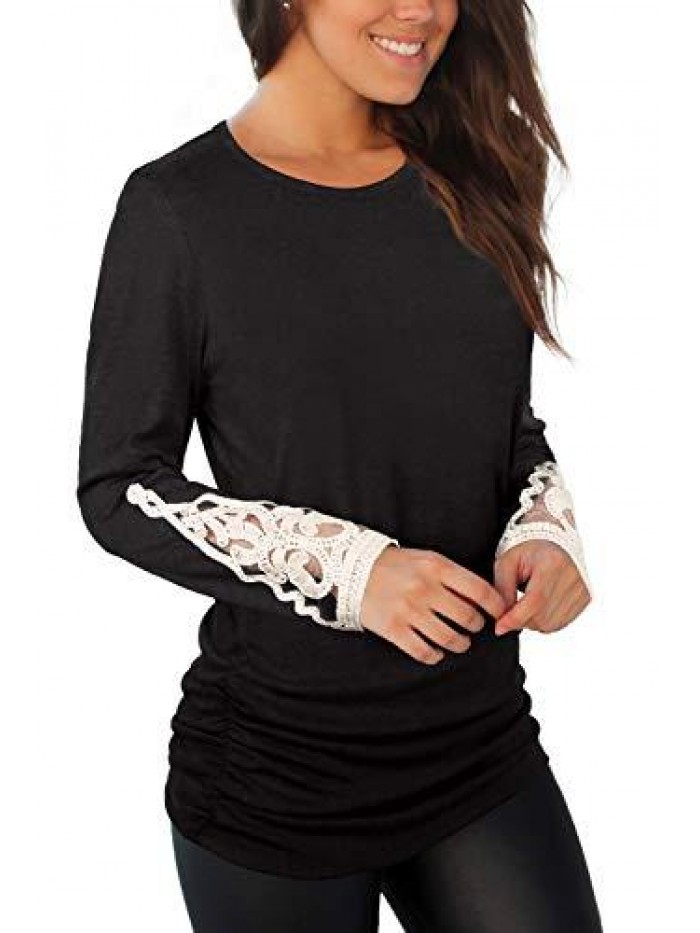Long Sleeve Shirts for Women Casual Round Neck Lace Ruched Tunic Tops 