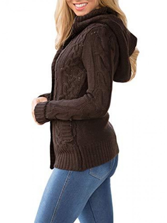 Women's Long Sleeve Button-up Hooded Cardigans Button Knit Cardigan with Pocket 
