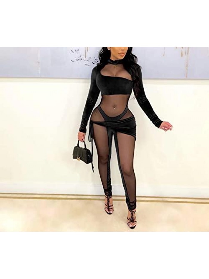 Velvet Jumpsuits for Women Sexy Long Sleeve Mesh See Through Bodycon Skinny Long Pants Jumpsuit Rompers 