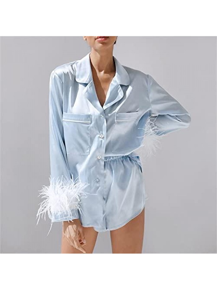 Pajamas Set Silk Satin Sleepwear Long Sleeve Feather Shirt Shorts Nightwear Loose Sleep Home Wear Clothes 