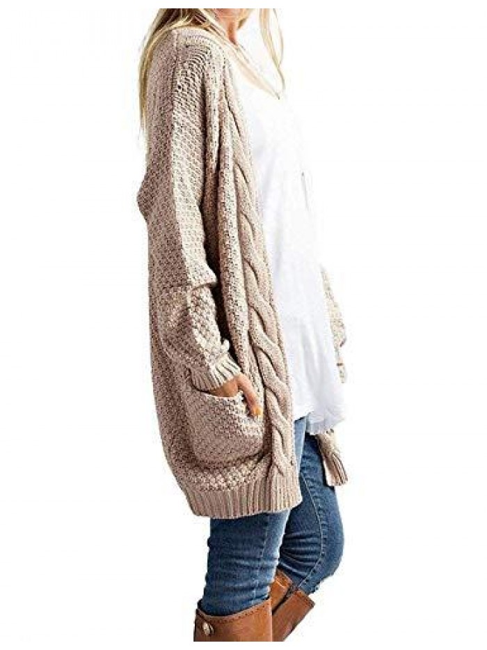 Women's Loose Open Front Long Sleeve Solid Color Knit Cardigans Sweater Blouses with Pockets 