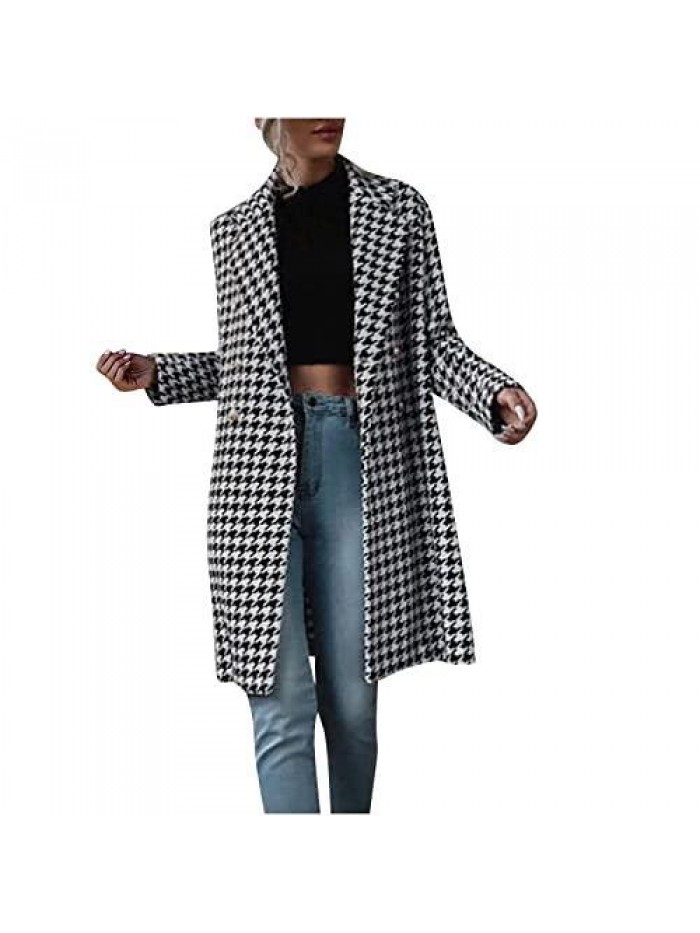 Women's Long Houndstooth Trench Jacket Elegant Notched Lapel Woolen Cloth Coat Fashion Double Breasted Casual Outwear 