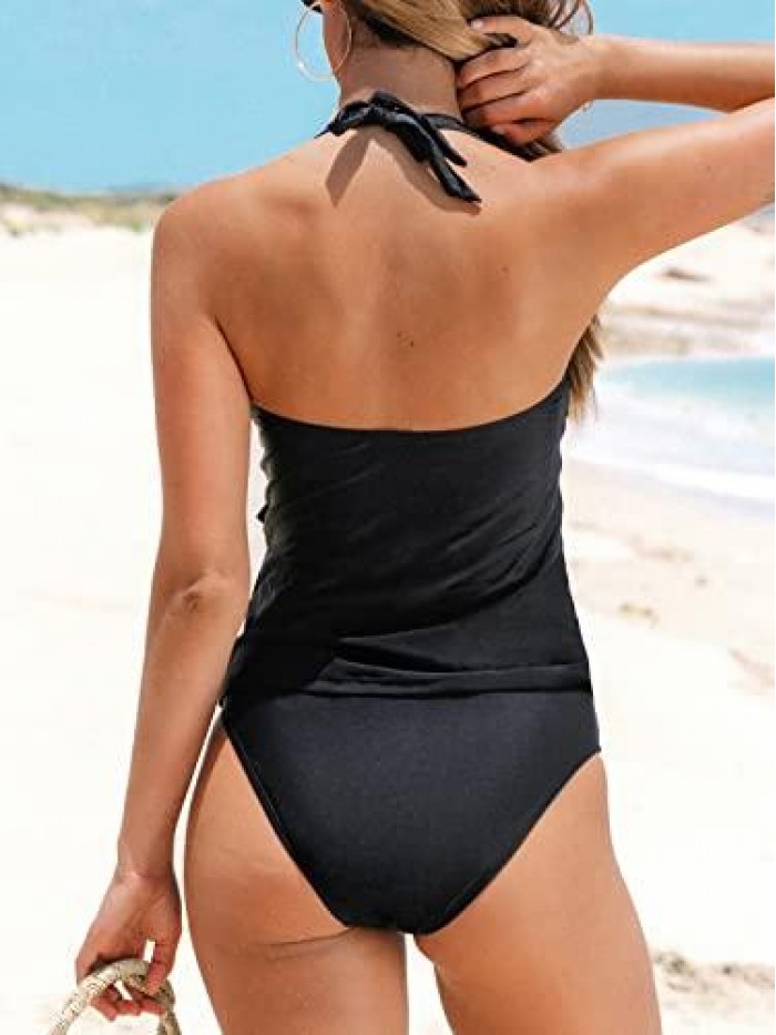 Women Ruffle Halter Tankini Set Tummy Control Bikini Mid Rise Hipster Bottom Two Piece Swimsuit 