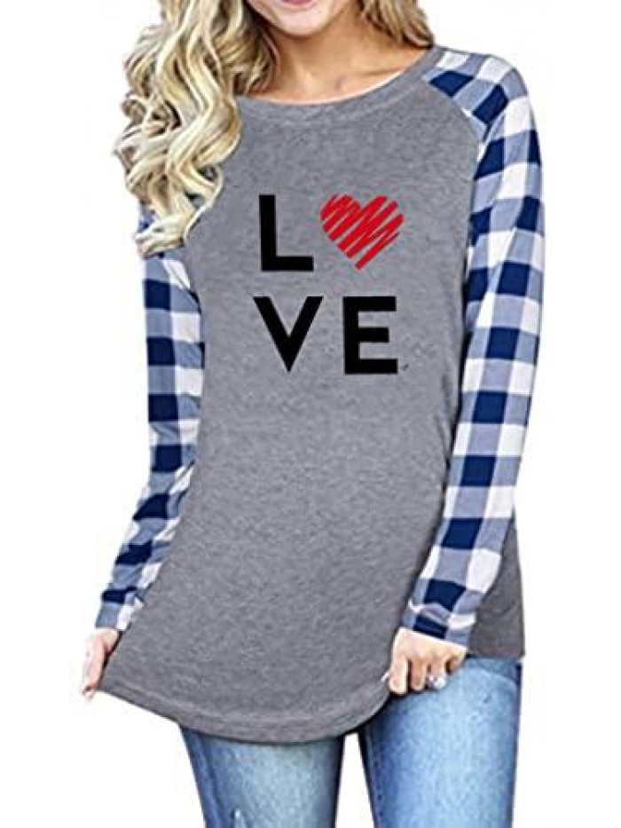 Womens Valentine's Day T-Shirts Plaid Leopard Love Heart Long Sleeve Tunic Tops Funny Graphic Tees 