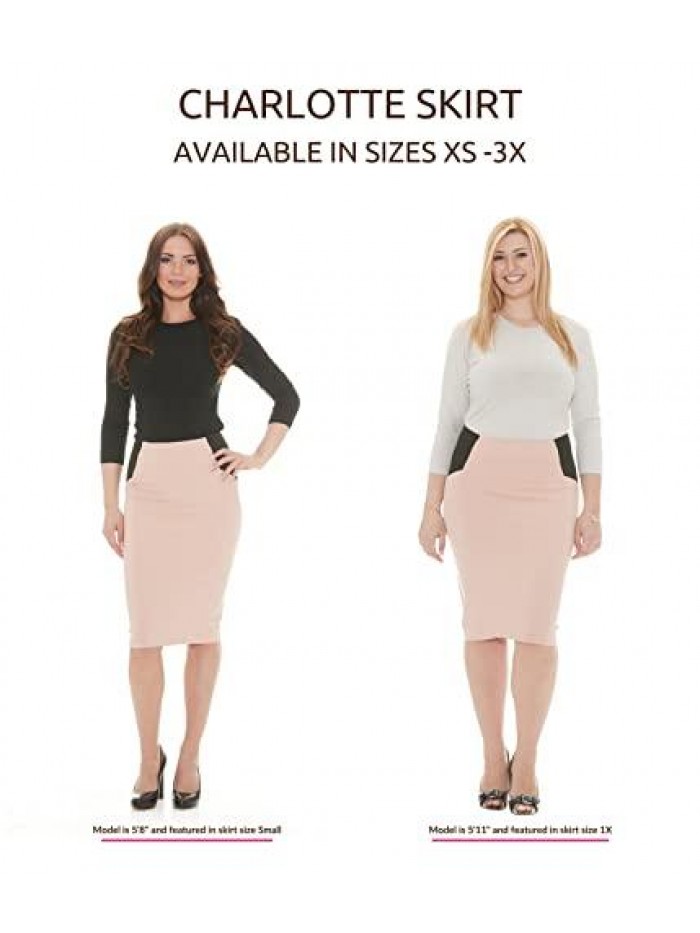Women's Ponte Midi Bodycon Pencil Skirt - Modest Below Knee Length - Office - Charlotte 