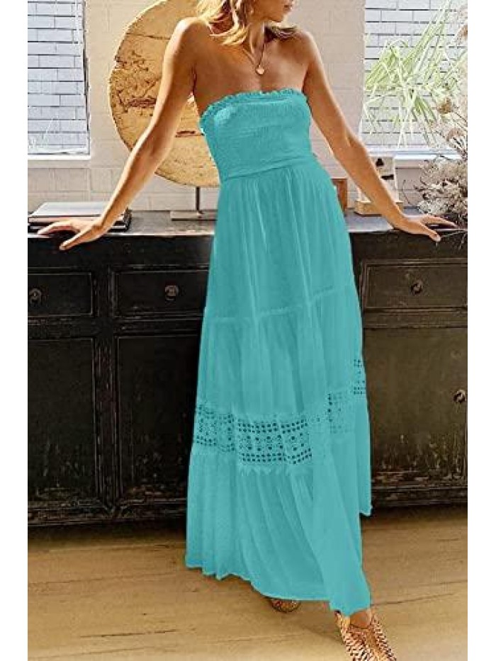 Womens Summer Bohemian Strapless Off Shoulder Lace Trim Backless Flowy A Line Beach Long Maxi Dress 