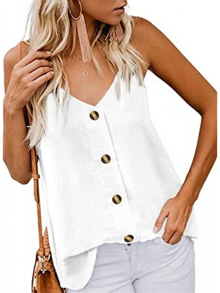 Women's Button Down V Neck Strappy Tank Tops Loose Casual Sleeveless Shirts Blouses 