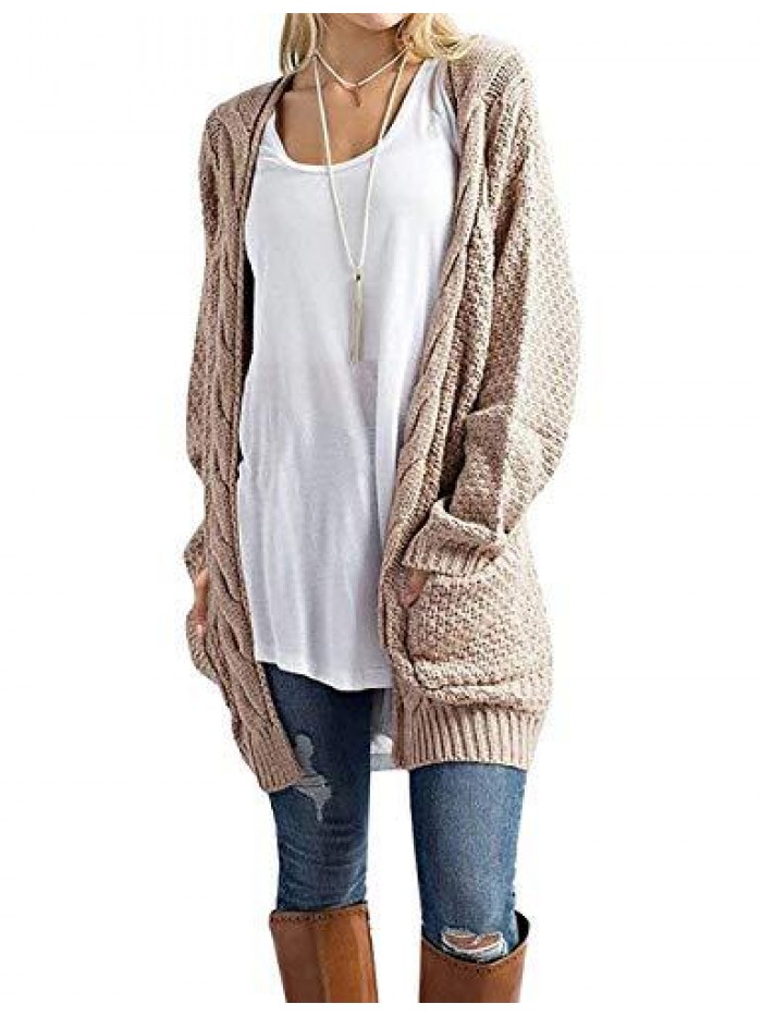 Women's Loose Open Front Long Sleeve Solid Color Knit Cardigans Sweater Blouses with Pockets 
