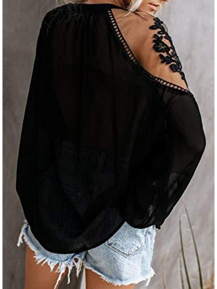V Neck Crochet Lace Tops for Women Casual Loose Puff Sleeve Shirts Flowy Chiffon Blouses 