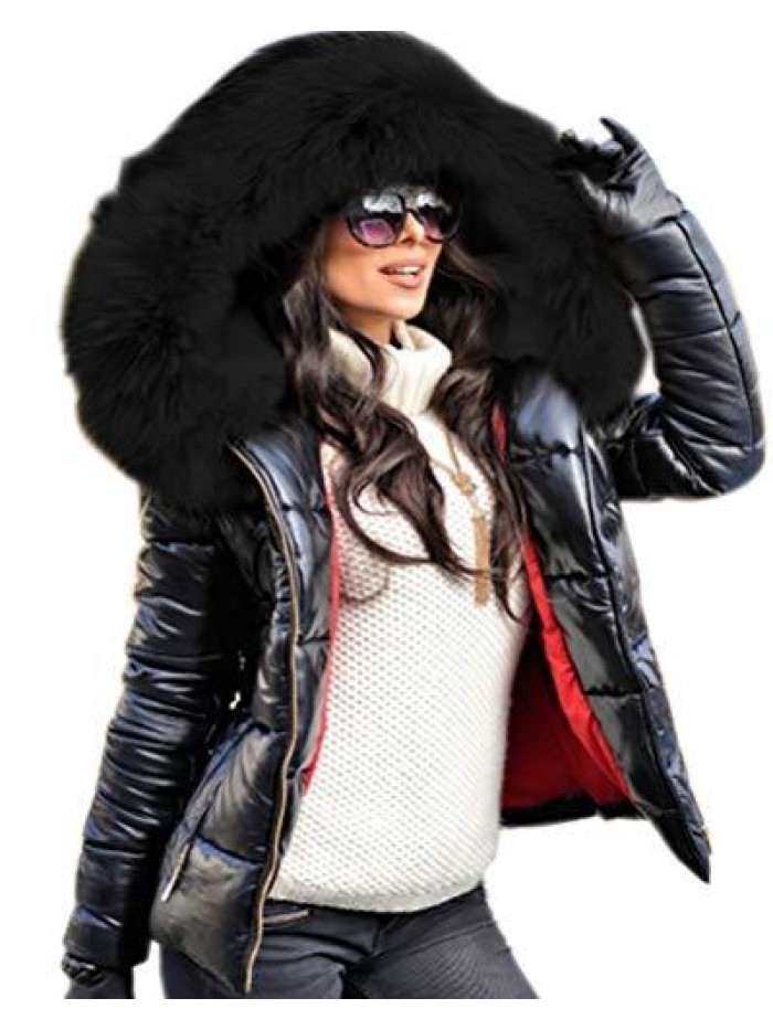 Women's Winter Thicken Coat Lightweight Short Down Jacket Quilted Parka with Fur Hood 