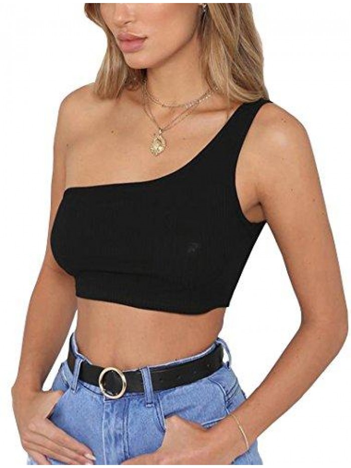 Women's Sleeveless Crop Tops Sexy One Shoulder Strappy Tees Basic Crop Tank Tops 