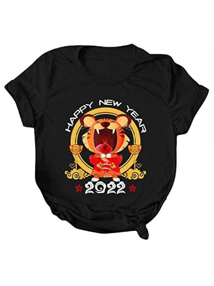 2022 Happy New Year Tiger Print T Shirt O Neck Short Sleeve Shirt Casual Graphic Casual Athletic Tunic Blouse 