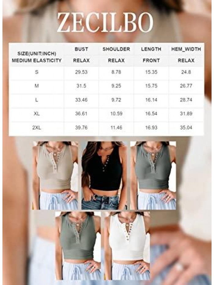 Zecilbo Women's Ribbed Scoop Neck Button Sleeveless Top Shirts Slim Fitted Henley Casual Blouse Tunics