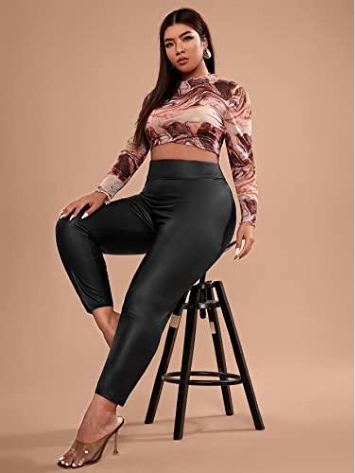 Women's Plus Size Casual Pu Leather Skinny Cropped Workout Pants 