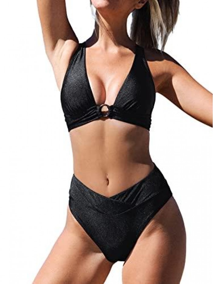 Women's O-Ring Tie Back Bikini Set Soft Removable Padding Two Piece Bathing Suit Shine Bright Black 