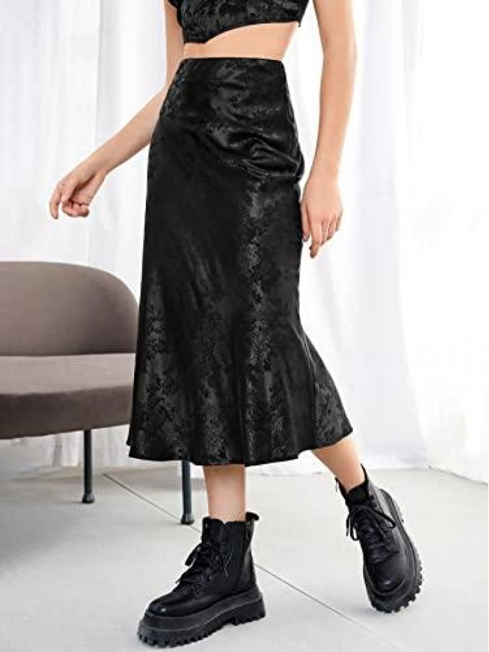 Women's Elegant High Waist Satin Skirt Floral Flared Midi Dressy Work Skirt 
