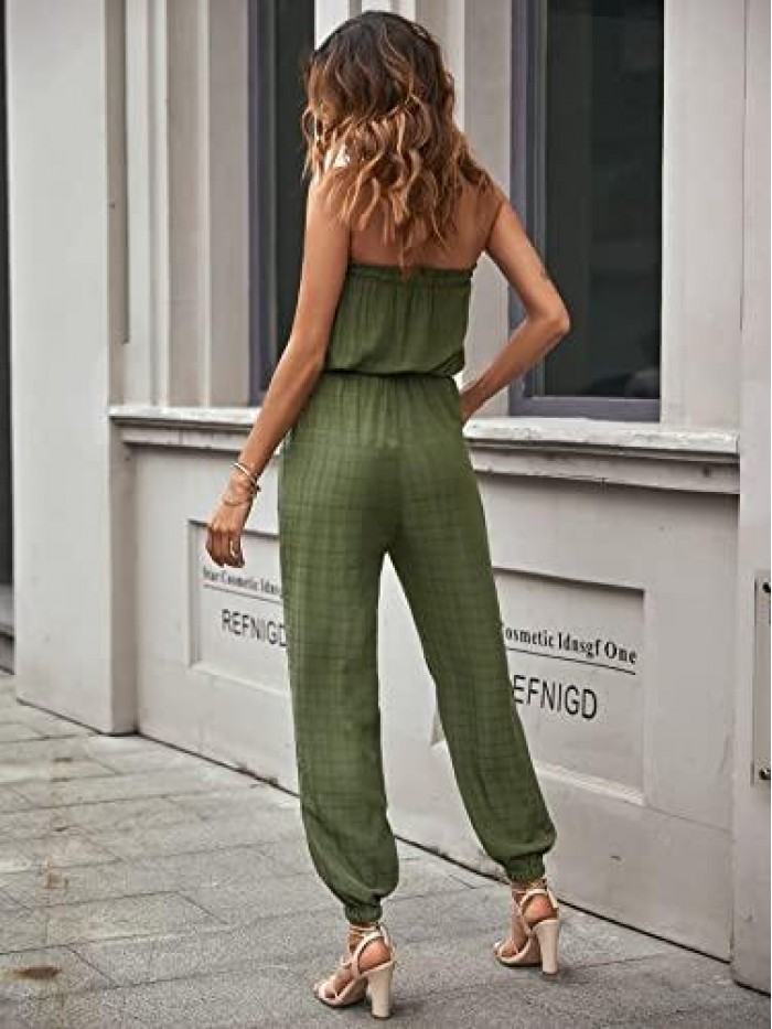 Women's Summer Casual Jumpsuits Off Shoulder Elastic Waist Belted One Piece Beam Foot Long Rompers With Pockets 