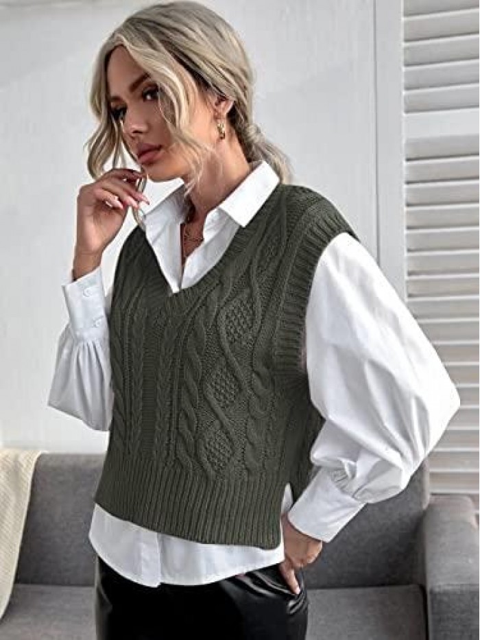 Womens V Neck Sweater Vest Sleeveless Pullover Crop Sweater Vest 