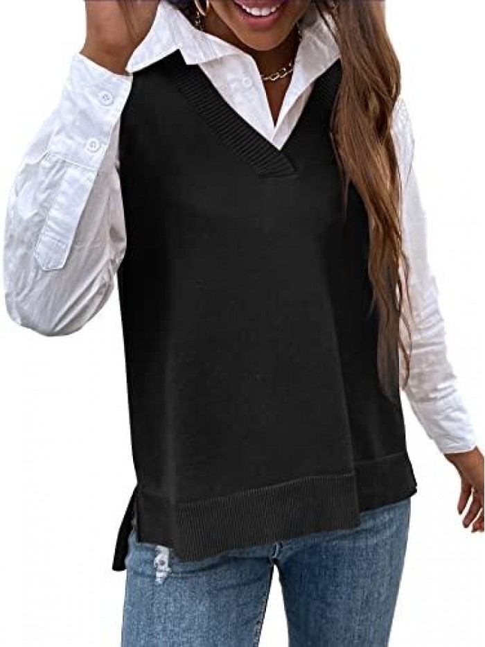 Women's V Neck Sleeveless Split Loose Pullover Top Sweater Vest 