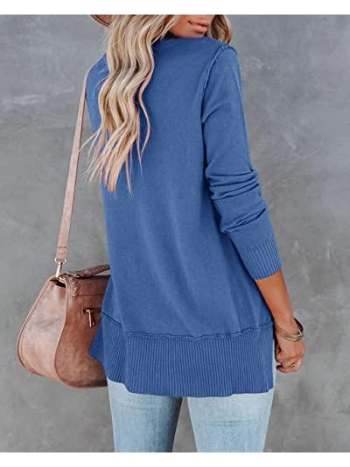 Crew Neck Tunic Pullover Sweater Solid Color Loose Casual Warm Lightweight Side Split Knit Sweaters 