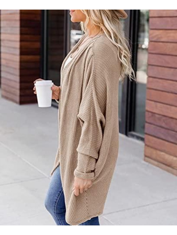 Women's Waffle Knit Batwing Long Sleeve Cardigan Oversized Open Front Sweater with Pockets 