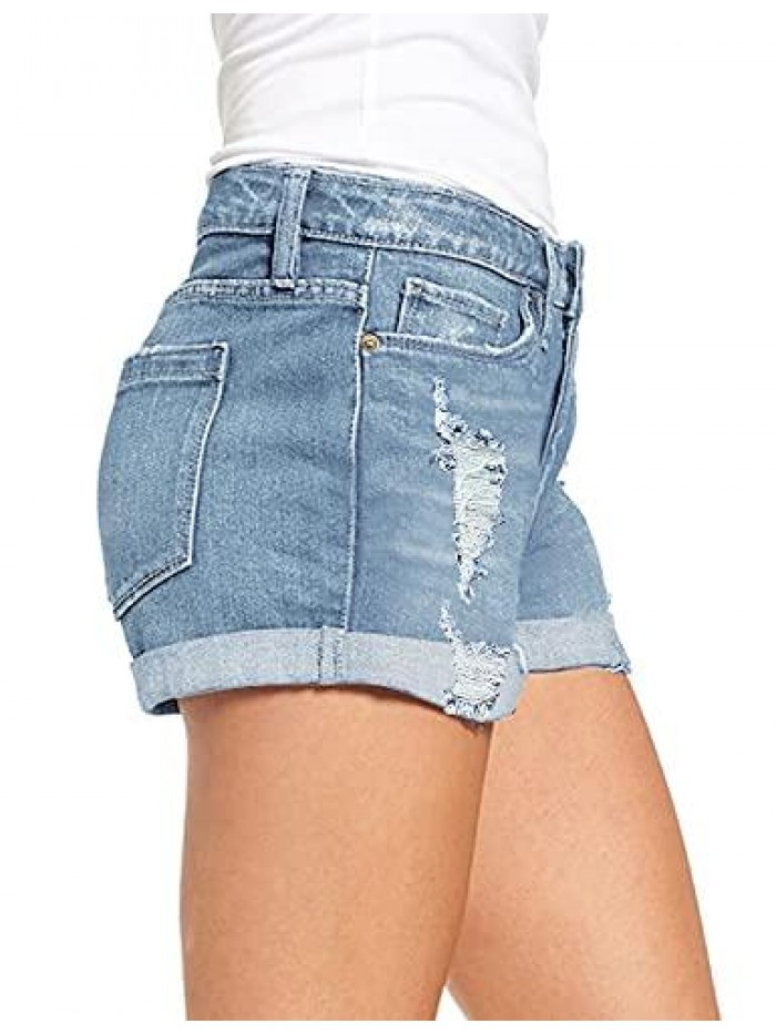 Women's High Waisted Rolled Hem Distressed Jeans Ripped Denim Shorts 
