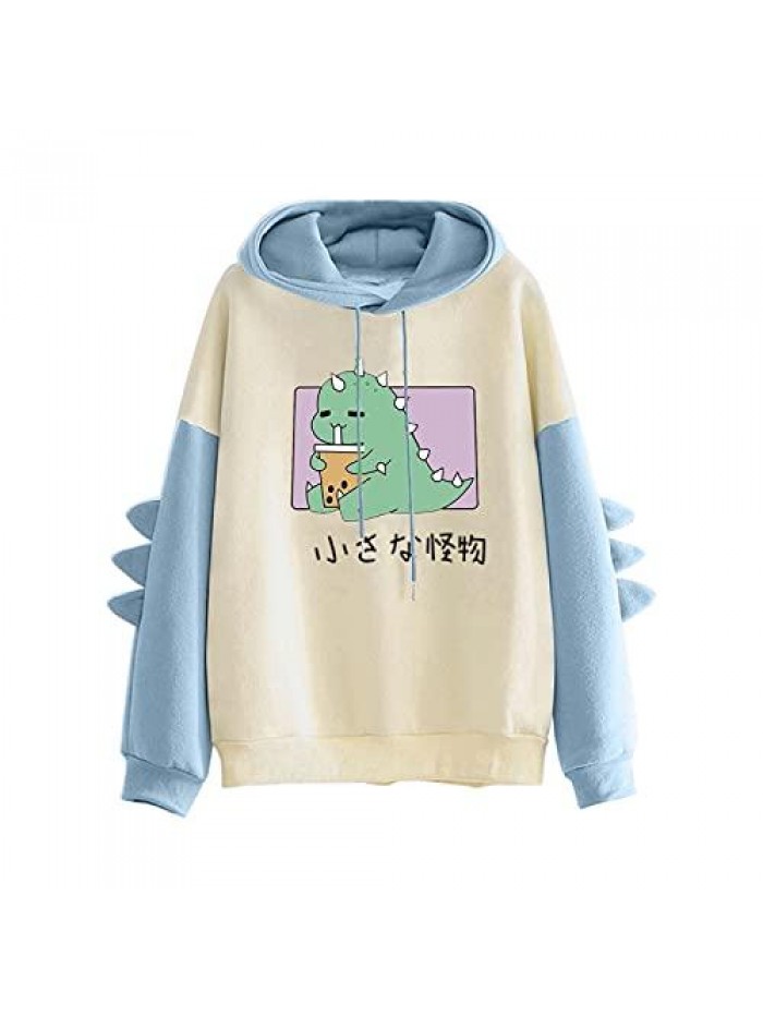 Dinosaur Sweatshirts Hooded Long Sleeve Splice Tops Cartoon Cute Dinosaur Hoodies Teens Girls Dinosaur Hoodie 