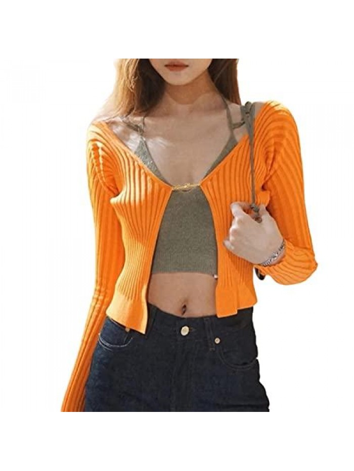 Cropped Cardigan Sweater – Long Sleeve Crewneck Basic Classic Casual Button Down Knit Soft Lightweight Top 