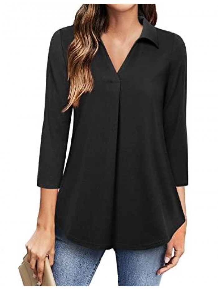 Women's V Neck 3/4 Sleeve Blouse Tops Ladies Collared Dress Work Shirts 