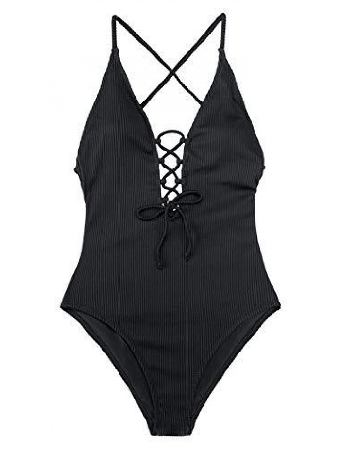 Women's Solid Color V Neck Lace Up One Piece Swimsuit 