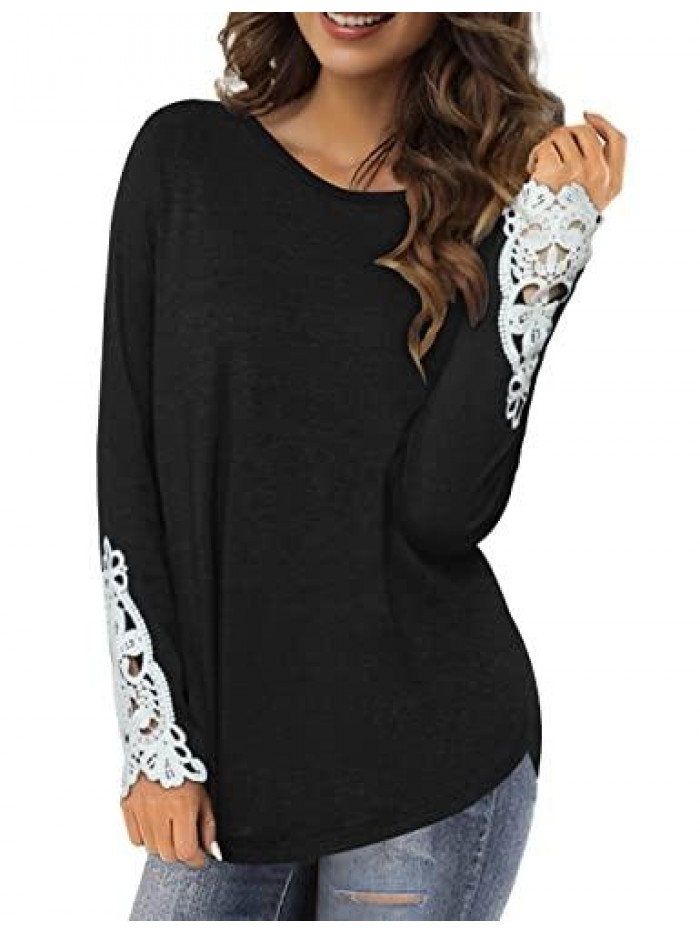 Womens Plus Size Tops Lace Long Sleeve Casual Tunic Shirts Round Neck Blouses M-3X 