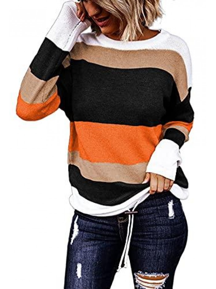 Striped Sweater Women's Round Neck Knitted Long Sleeve Color Block Drawstring Hem Pullover Sweaters 