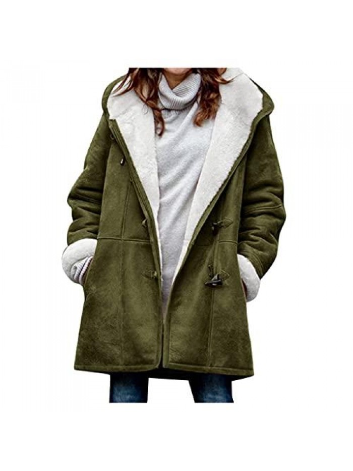 Womens Coats Jackets Plus Size Warm Sherpa Lined Hooded Parka Faux Suede Long Pea Coat Outerwear 