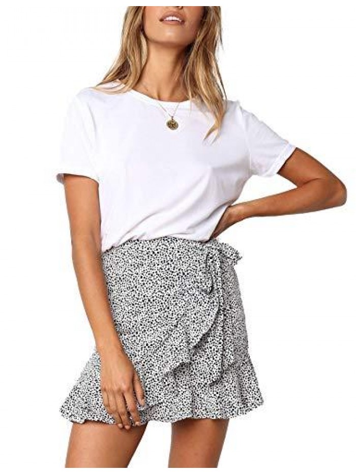 Women's Stretchy Cotton Floral/Polka Dot High Waist Ruffle Wrap Tie Knot Fishtail Mini Short Skirt 
