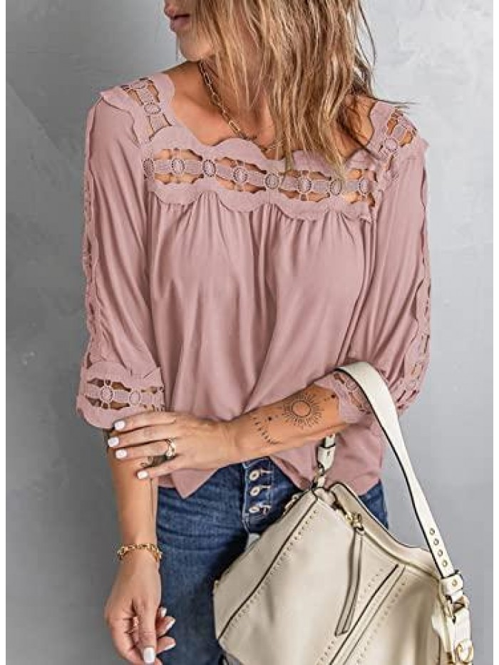Women 3/4 Sleeve Lace Crochet Tops Blouse Flowy Square Collar Solid Color Shirt Summer 