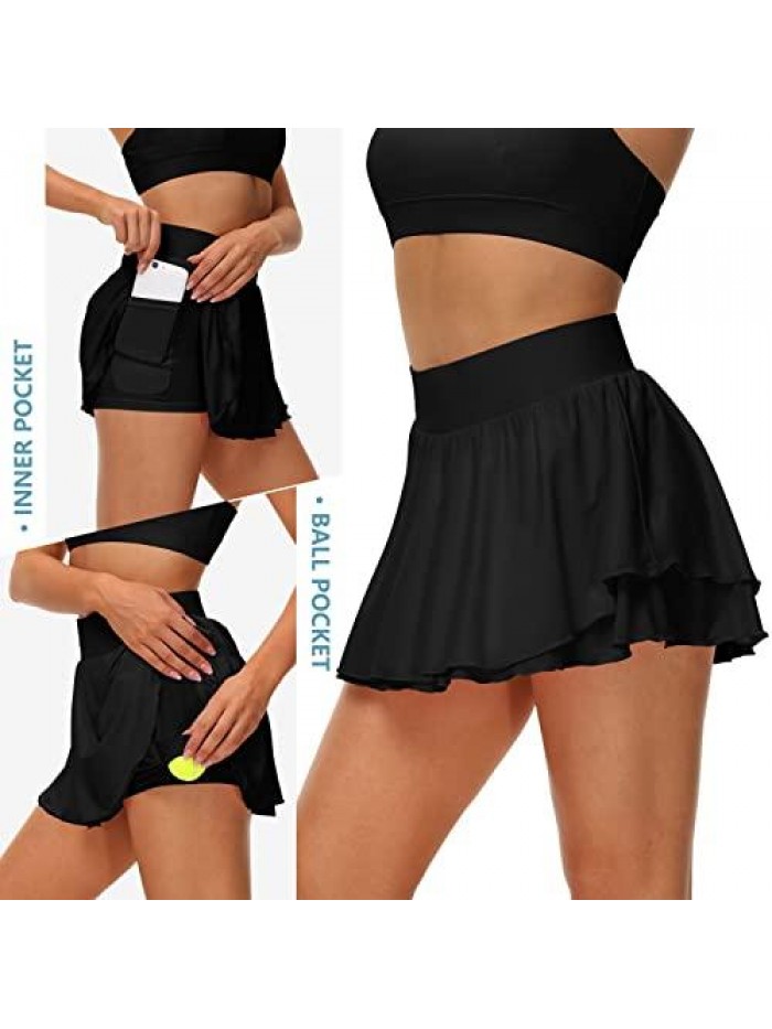 Women's Athletic Tennis Skirts with Pockets 13in Ruffle Golf Running Workout Ice Silk Flowy Skorts with Sports Shorts 