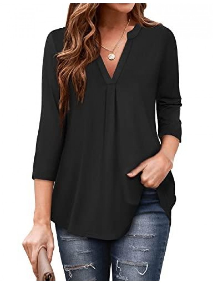Women's V Neck 3/4 Sleeve Shirts Dressy Tops Business Casual Workwear Blouses 