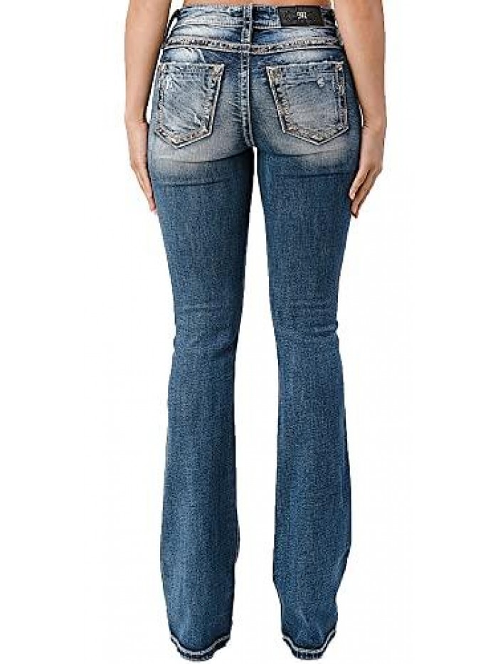 Me Women's Slightly Distressed Mid-Rise Bootcut Jeans with Mixed Stitch Border Design 