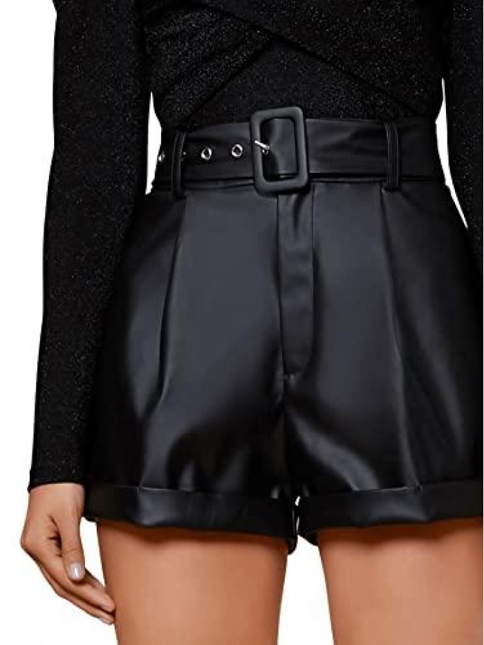 Women's High Waist Knot Front PU Faux Leather Shorts with Pockets 